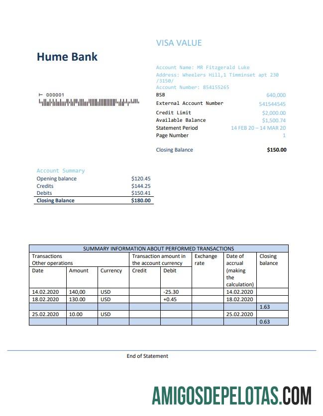 Modelo de comprovante de endereço em branco Austrália Humebank em formato .doc e .pdf, totalmente editável